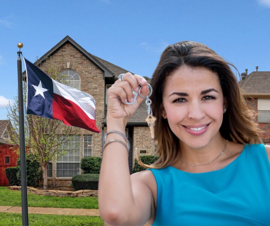 A picture of a lady holding a key in front of a home and a Texas flag