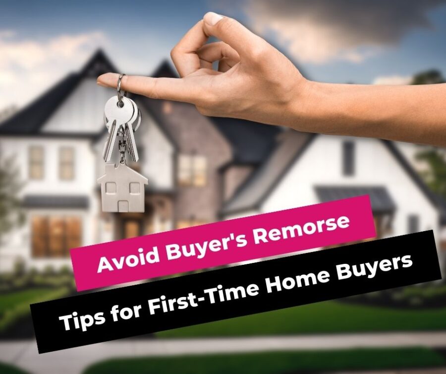 A hand holding a key to the new house in the background. The banner says: Avoid Byer's Remorse. Tips For First-time Home Buyers